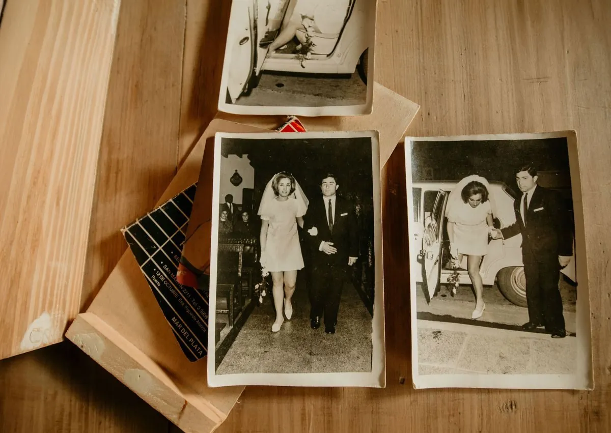 Old photographs spread on a table